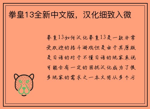 拳皇13全新中文版,汉化细致入微